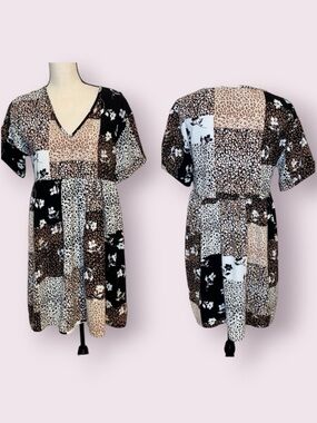 Hiatus Babydoll Tunic Mini Dress Leopard Floral Patchwork Print Size Small